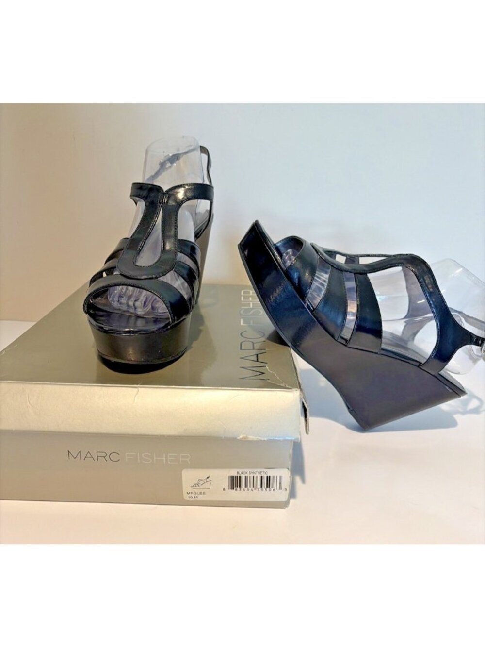 Y2K Chunky Wedged Platform Sandals Size 10 Black Strappy Wedge Disco Grunge Alt